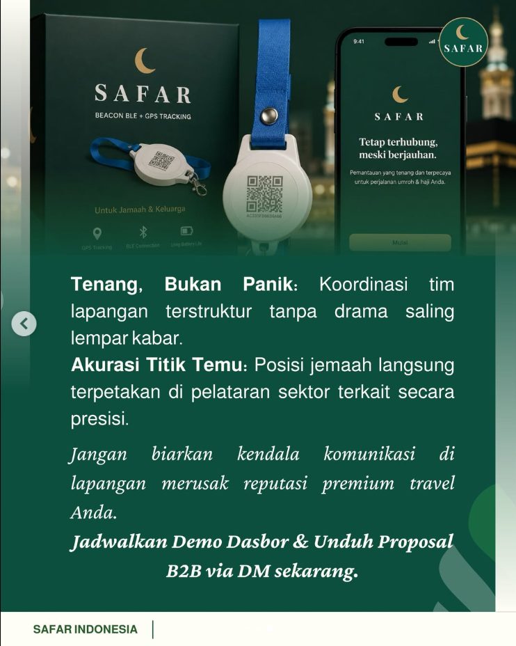 Saat situasi darurat terjadi di Tanah Suci, kecepatan respons adalah penentu segalanya.

Dalam manajemen travel konvensional, penanganan jemaah yang terpisah sering kali memakan waktu berjam-jam bukan karena tim lapangan tidak sigap, melainkan karena panjangnya alur komunikasi manual yang harus dilewati.

Ekosistem SAFAR memotong semua kerumitan tersebut melalui fitur "Minta Bantuan".

Cukup dengan satu ketukan di layar jemaah, sistem secara otomatis mendistribusikan koordinat lokasi ke dasbor pemantauan Tour Leader secara real-time. Tidak ada waktu yang terbuang untuk menelepon tanpa kejelasan rute, tidak ada kepanikan yang menjalar ke tanah air.

Satu ketukan untuk efisiensi mutlak operasional tim Anda.

Ingin melihat bagaimana dasbor SAFAR memetakan rombongan jemaah secara instan?
Ajukan proposal kemitraan B2B resmi melalui pesan langsung (DM) kami, atau klik tautan di bio untuk menjadwalkan sesi demonstrasi sistem gratis bersama tim kami. 🙌

#SafarIndonesia #ManajemenTravel #TeknologiUmroh #TourLeaderUmroh #SmartPilgrimage #MitraB2BTravel #ProteksiJemaah #KBIHUDKI