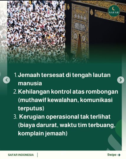 reputasi jangka panjang agen travel Anda. Ketika jemaah lansia salah arah, taruhannya bukan hanya waktu Tour Leader, melainkan kepercayaan keluarga di tanah air.

SAFAR hadir sebagai solusi proteksi terpadu yang dirancang khusus untuk ekosistem umroh dan haji. Proteksi maksimal dengan pengoperasian paling minimal.

Tingkatkan standar pelayanan paket travel Anda musim ini.
DM kami sekarang untuk konsultasi kemitraan B2B dan dapatkan akses demo dasbor operator secara gratis.

#safar #safarindonesia #haji #umroh #iot